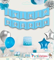 YAZI VARAKLI ZARF BANNER İYİKİ DOĞDUN MAVİ GÜMÜŞ