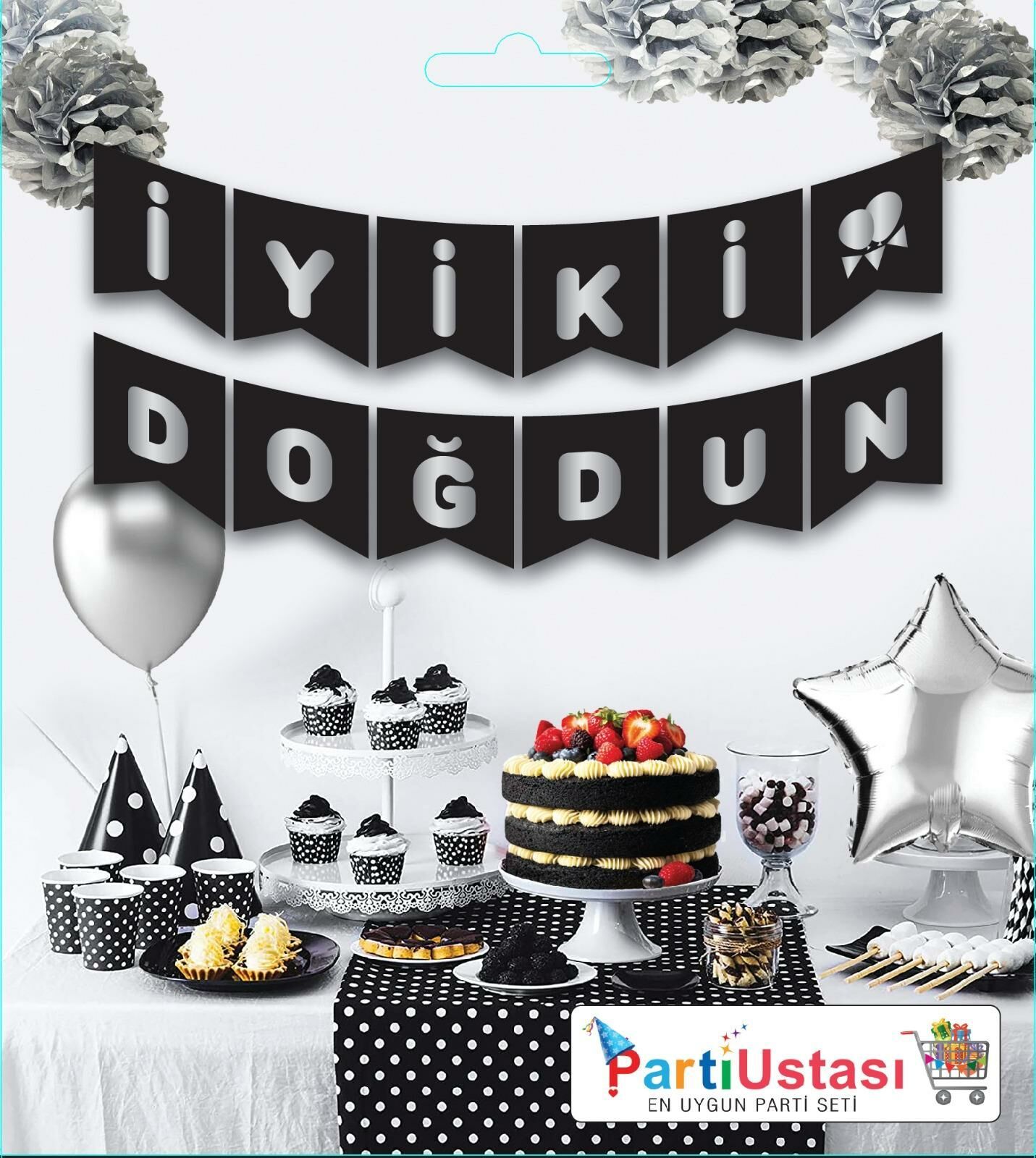 YAZI VARAKLI ZARF BANNER İYİKİ DOĞDUN SİYAH GÜMÜŞ