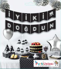 YAZI VARAKLI ZARF BANNER İYİKİ DOĞDUN SİYAH GÜMÜŞ