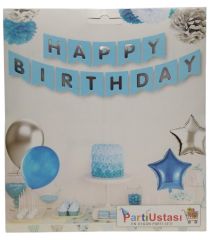 YAZI VARAKLI ZARF BANNER HAPPY MAVİ GÜMÜŞ