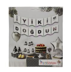 YAZI VARAKLI ZARF BANNER İYİKİ DOĞDUN BEYAZ GÜMÜŞ